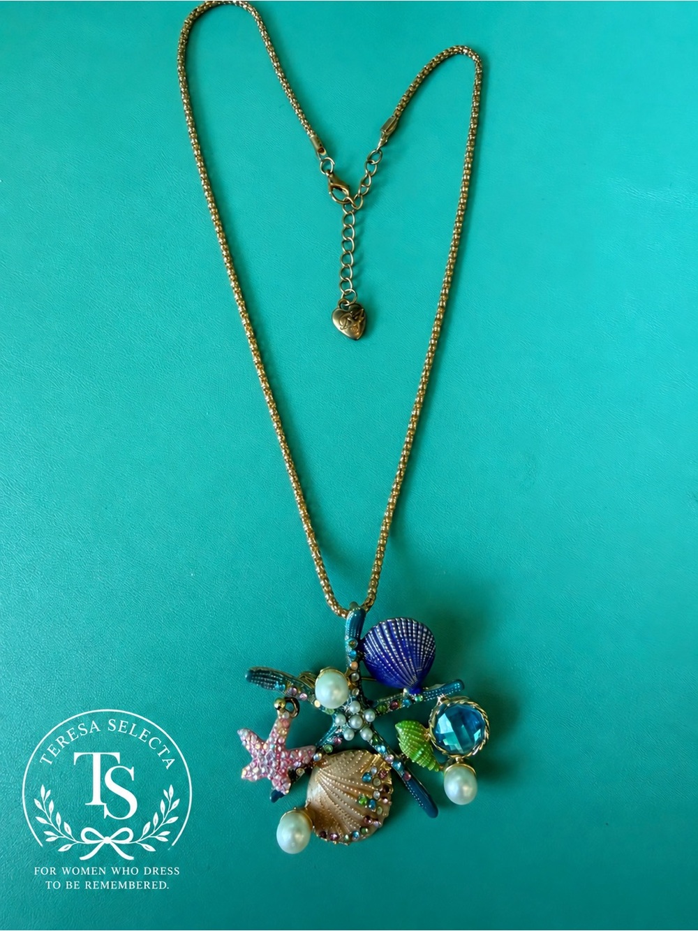 Betsey Johnson Beach Sea Life Charm Necklace Starfish Shell Pearl Gold Tone